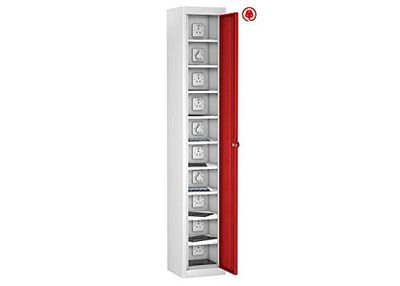 Single Door 10 Shelf Tablet Charging Locker, Red, Hasp Lock