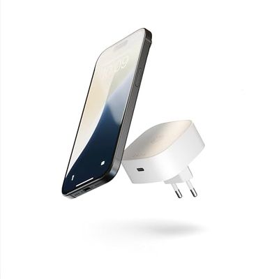 Zens Wireless Charging EU Power Adapter, Chargeur sans Fil de 15 W Compatible avec MagSafe et Qi pour iPhone 16,15,14,13,12 et AirPods, Port USB-C de 18 W, Blanc