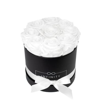 Infinity Flowerbox Medium (Negro) - 9 Rosas Real Premium en Blanco Puro