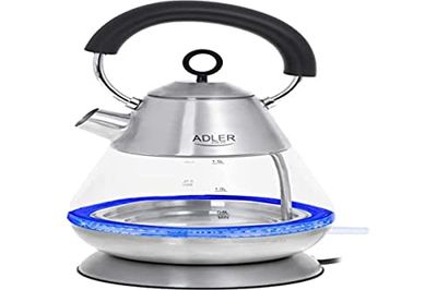 Adler AD 1282 Elektrische waterkoker van glas, 1,5 liter, verlichte binnenruimte, draadloos, BPA-vrij glas, vintage design, modern, automatische uitschakeling, 2200 W, transparant/staal