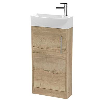 Hudson Reed JNU1821L Juno Compact Modern Cloakroom Floor Standing 1-Door Unit with 1 Tap Hole Left Hand Basin, 440mm, Woodgrain Autumn Oak