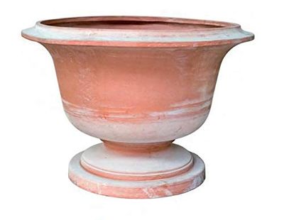 ALZATA CON PIEDE/COPPA/VASO DA GIARDINO IN TERRACOTTA; DIAMETRO CM. 80, ALTEZZA CM. 60. CIOTOLA FATTA A MANO, MADE IN ITALY DI VASERIE RINALDI. ARREDO ESTERNO/OUTDOOR.