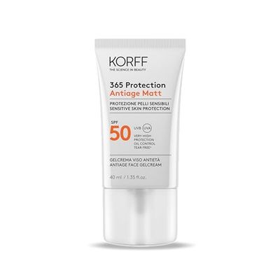 Korff 365 Protection Antiage Matt SPF50+, Gel Crema Viso Antietà, per Pelle Sensibile, Protezione Alta, Resistente all'Acqua, 40ml