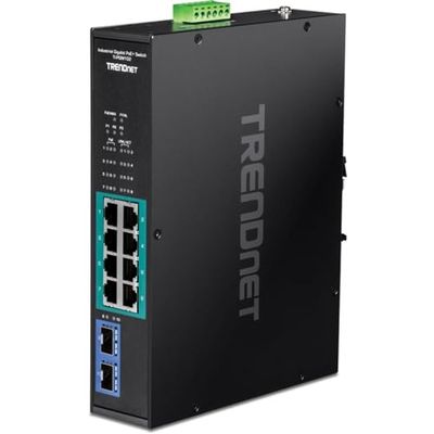 TRENDnet TI-PGM102 Switch Gigabit PoE+ Industriale 10 porte, Intervallo di temperature estreme -20° - 65°C (-4° - 149°F), Guida DIN, 50-55 V DC, 8 porte Gigabit PoE+, 2 x SFP Gigabit slot