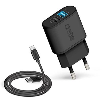 SBS Caricabatterie da parete 10W con 2 uscite USB-A, caricatore da muro per iPhone, Samsung, Oppo, Xiaomi, Kit con Cavo USB-A a USB-C lungo 1 metro