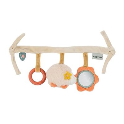 Nattou Jouet à Suspendre pour Siège Auto en Velours, Hérisson Zoë, avec hochet et Autres activités, env. 32 cm, Mila, Zoë et Lana, Beige