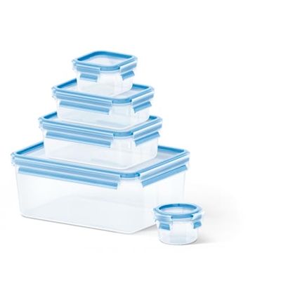 Emsa Clipe & Close Set de 5 conservadores plásticos térmicos, higiénico, não retém odores ou sabores 100% livre de BPA, transparente e azul, 0,15 L 0,25 L + 0,55 L + 1 L + 3,7 L