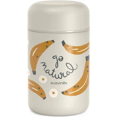 SUAVINEX, Stainless Steel Baby Flask with Airtight Closure for Hot and Cold Meals, 400 ml, Banana Design, Grey