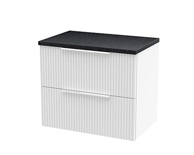 Hudson Reed DFF193LSB Fluted Modern Bathroom Wall Hung 2 Drawer Vanity Unit with Sparkle Black Laminate Worktop, 600mm, Satin White