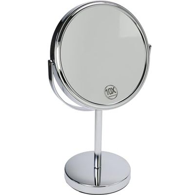 Fantasia - Specchio da terra rotondo, con ingrandimento normale e 10x, diametro 18 cm, altezza 32 cm, in metallo e argento