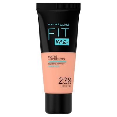 Maybelline New York Fit me! MATTE&PORELESS Makeup nr 238 Rich Tan, flytande smink, anpassar sig till hudtonen, fuktgivande, matt, lätt till medelstor täckförmåga, 30 ml