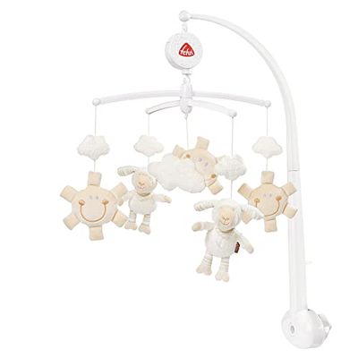 Fehn 154610 Musik – Mobile Schaf – Mobile mit niedlichen Schafen, Sonnen & Wolken – Melodie "Schlaf Kindlein schlaf" – Zum Befestigen am Bett für Babys von 0 – 5 Monaten – Höhe: 65 cm, ø 40 cm
