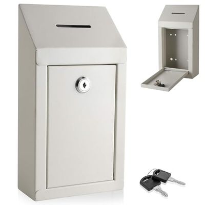 Caja de donación de metal y caja de colección, caja de sugerencias de oficina, caja segura con ranura superior para monedas y cerradura incluida con 2 llaves, fácil montaje en pared o uso en encimera