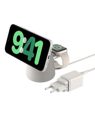Belkin BoostCharge Pro Dock di ricarica wireless 2 in 1 con MagSafe 15 W, caricabatteria rapido per iPhone, stand compatibile con iPhone 16, 15, 14, 13 e 12, Grigio Sabbia