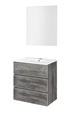 Baikal | Conjunto Completo de Mueble de Baño Suspendido a la Pared con Lavabo Cerámico y Espejo | Tres Cajones, Cierre Amortiguado, Melamina 16mm | Mueble MONTADO | Vintage | 60cm