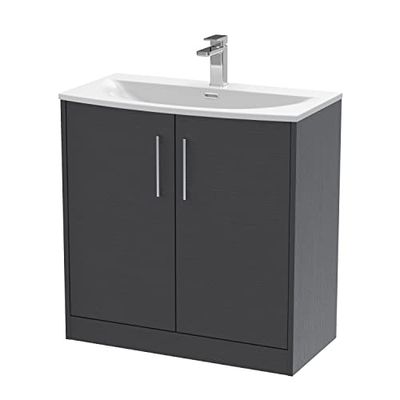 Hudson Reed JNU2205G Juno Modern Bathroom Floor Standing 2-Door Vanity with Curved Ceramic Basin, 800mm, Woodgrain Graphite Grey