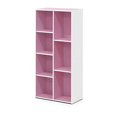 Furinno Luder Prateleira aberta livraria de 7 baldes, branco/rosa