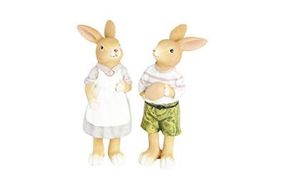 HEITMANN DECO Ceramiczne figurki zająca i zajączka, para zajączków wielkanocnych, dekoracja wielkanocna, zestaw 2 sztuk, brązowy, biały, szary, zielony