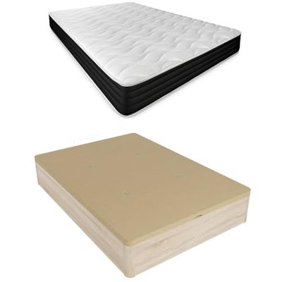 DUÉRMETE ONLINE Pack Matelas viscoélastique Pocket Visco + Oreiller/s + sommier Rabattable Grande capacité, Bois, Beige (Cambria), 90 x 190 cm