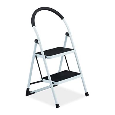 Relaxdays Escabeau, 2 marches antidérapantes, Pliable, Garde-Corps, Charge Max. : env. 120 kg, Acier, Plastique, Blanc