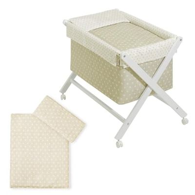 Interbaby Berceau en Croix Hêtre Blanc + Parure + Nacelle + Matelas Modèle Etoile Beige