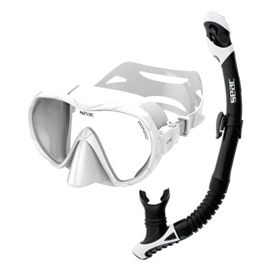 SEAC Set BIS Rondò Dry – Kit de Snorkeling pour Adultes avec Masque Monoverre Frameless en Verre Trempé et Tuba Dry Top avec Soupape de Purge, Embout Ergonomique en Silicone
