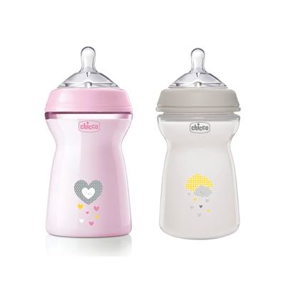 Chicco Set med 2 flaskor, presentförpackning, set med 2 anti-koliska flaskor 330 ml, sparpaket, rosa, 6 månader +