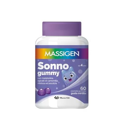 Massigen - Sonno Gummy, Integratore Alimentare con Melatonina e Estratti Naturali, Vitamine Gommose, Gusto Mirtillo, 60 Caramelle da 3,3 g, Per Rilassamento e Sonno