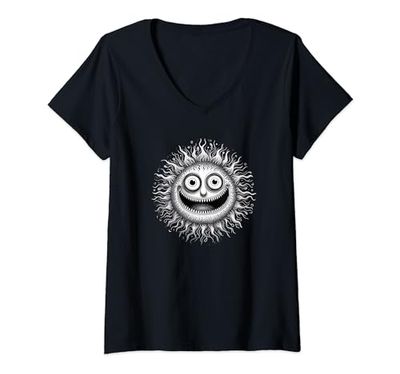 Mujer Sol blanco y negro trippy con una cara extraña y ojos grandes Camiseta Cuello V