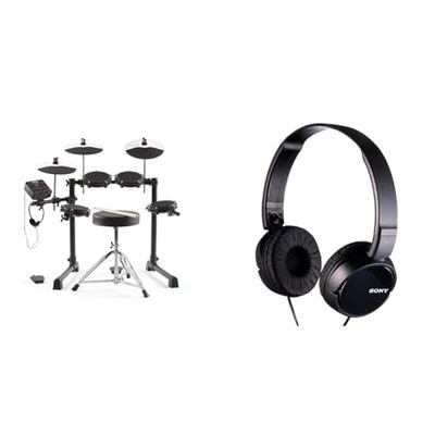 Alesis Drums Debut Kit – Kids Electric Drum Kit with 4 Quiet Mesh Electronic Drum Pads, 120 Sounds, Drum Sticks, Drum Stool, Headphones, and Lessons & Sony MDR-ZX110 Overhead Headphones - Black