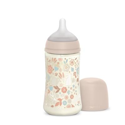 Suavinex, Biberón de 270 ml, con Tetina Fisiológica SX Pro de Silicona, con válvula Anticólico. Biberón con Tetina de Flujo Medio (M). Para Bebés +3 Meses. Wonderland, Flores, Rosa