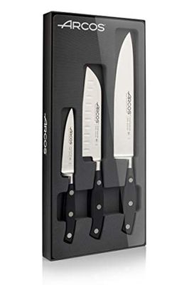 Arcos Riviera, Juego de Cuchillos de Cocina, Mondador + 1 Santoku + 1 Cuchillo Chef, Acero Inoxidable Forjado Nitrum, Mango POM, Color Negro