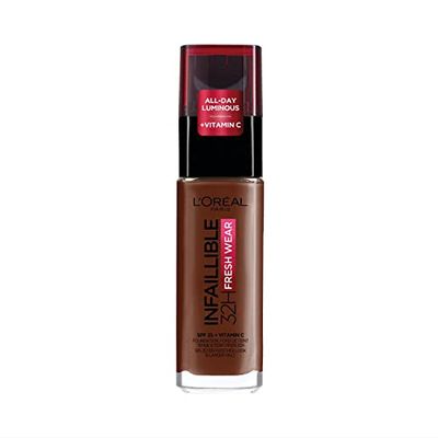 L'Oréal Paris Liquid Foundation, Full Coverage, Lasting Wear, With Vitamin C and SPF 25, Infallible 32H Fresh Wear, 390 Ebony