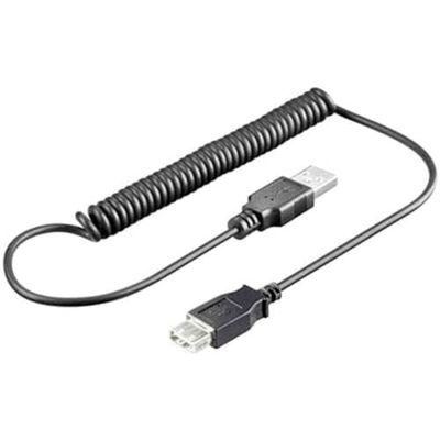 PremiumCord Spiraal USB 2.0 verlengkabel 1 m, datakabel High Speed tot 480 Mbit/s, oplaadkabel, USB 2.0 type A female naar stekker, 2x afgeschermd, kleur zwart, lengte 1m