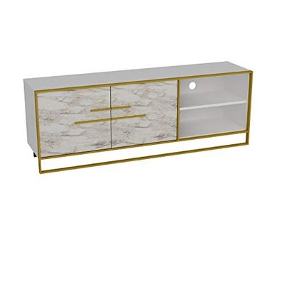 DECOROTIKA - Polkana Wit Natuurlijk Marmeren Patroon TV Unit - Industriële TV-standaard met goudkleurige metalen structuur - Limited Edition (wit marmer effect/goud)