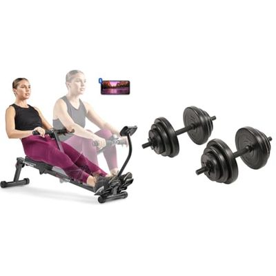 Sunny Health & Fitness Smart Compact Adjustable Rowing Machine, 12 Levels Adjustable Resistance + Exercise Vinyl 18 KG Dumbbell Set Hand Weights for Strength Training, Weight Loss, Workout Bench