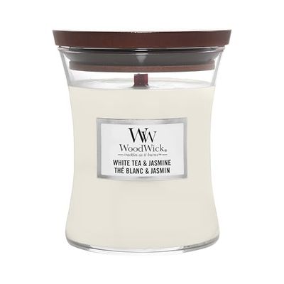 WoodWick jarre parfumée moyenne avec mèche en bois crépitante | Thé Blanc & Jasmin | Jusqu'à 60 heures de combustion