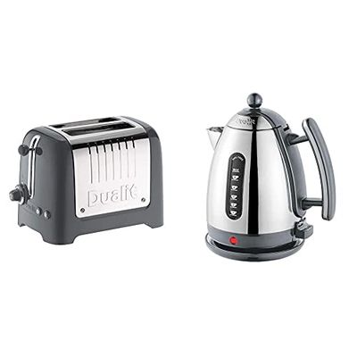 Dualit 2 Slice Lite Toaster | 1.1kW Toasts 60 Slices an Hour | Bagel & Defrost Settings | 36 mm Wide Slots | 26204 & Lite Kettle - 1.5L Jug Kettle - Polished with Grey Trim, High Gloss Finish