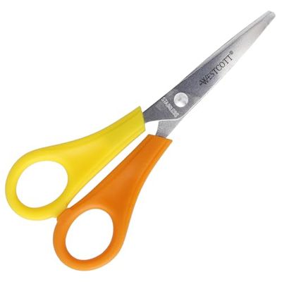 Westcott Kinderschaar, geel, linkshandig, schaar met geïntegreerde schaal van 5 cm, schoolschaar en knutselschaar, 13 cm, ideaal voor kinderhanden, hoogwaardig roestvrijstalen lemmet, E-21596 00