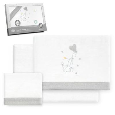 Interbaby Beddengoedset voor kinderbed, 60 x 120 cm, 100% katoen, warm, zacht, inclusief hoeslaken, dekbedovertrek en kussensloop, ideaal voor de winter, olifantenballon, hart, wit/grijs
