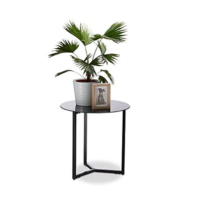 Relaxdays Tavolino Rotondo da Salotto in Vetro e Metallo, Tavolo da Caffè, Comodino HxLxP: 51 x 50 x 50 cm, Nero