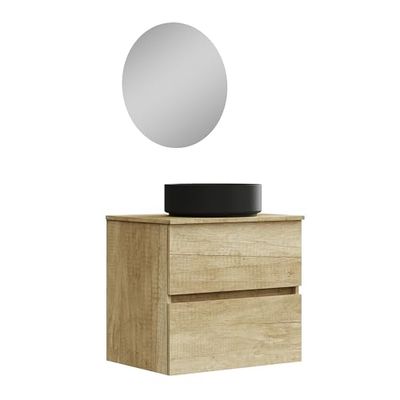 Baikal Mobile bagno Onyx Black, 2 cassetti, sospeso a parete, con lavabo in ceramica in nero opaco. Melamina 16 mm. Mobile montato. Lavabo rotondo/con specchio 60 cm Nature
