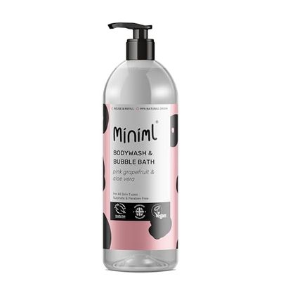 Miniml All Natural Body Wash and Bubble Bath - 1L Bottle Moisturising Pink Grapefruit and Aloe Vera Sensitive Skin Eco Shower Gel Bath Soak - Vegan Friendly High Foam