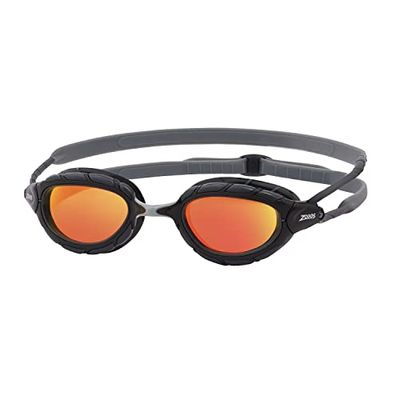 Zoggs Predator Titanium flex bril, UV-bescherming zwembril, snel verstelbare zwembrilriemen, mistvrije volwassen zwembrillenzen, bril, ultra fit, grijs/zwart/gespiegeld oranje - normale pasvorm