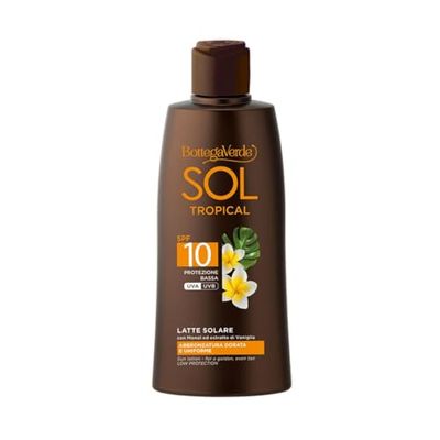 Bottega Verde - Latte Solare SOL Tropical SPF 10, 200 ml, con Monoï, Estratto di Vaniglia e Olio di Argan, Protegge e Dona un’Abbronzatura Dorata, Texture Vellutata, Profumo Fiorito Tropicale