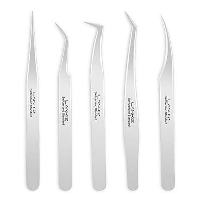 LANKIZ Eyelash Tweezers Set - 5 PCS Stainless Steel for Volume Lash Extensions - Silver
