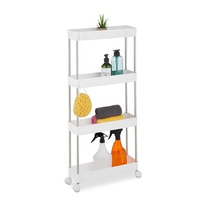 Relaxdays keukentrolley, 4 etages, op wieltjes, keukenrek, badkamer trolley, 88 x 41,5 x 14,5 cm, kunststof, rvs, wit
