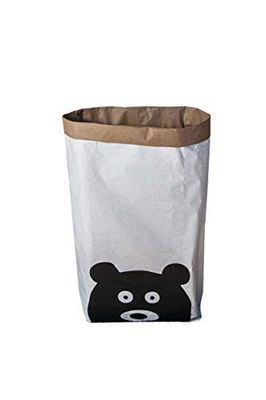 Homemania Soporte para Juguetes Cesta Funny Bear para Niños, Papel Kraft, Vinilo, Blanco, Negro, 50 x 15 x 60 cm