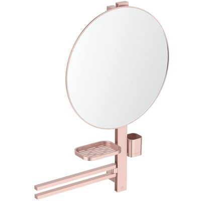 Ideal Standard - Alu+, Barra di bellezza con accessori combinati L, Beauty bar con specchio da 50cm e altezza 80cm, Doppia barra portasciugamani e due mensole a libera installazione, Rosé
