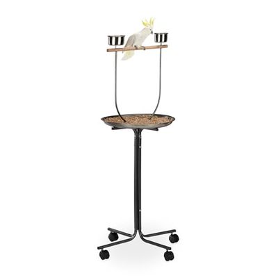 Relaxdays XL papegaaien standaard, zitstok, 2 etensbakjes, verrijdbaar, valkparkiet, HBD: 130x60x60 cm, zilver